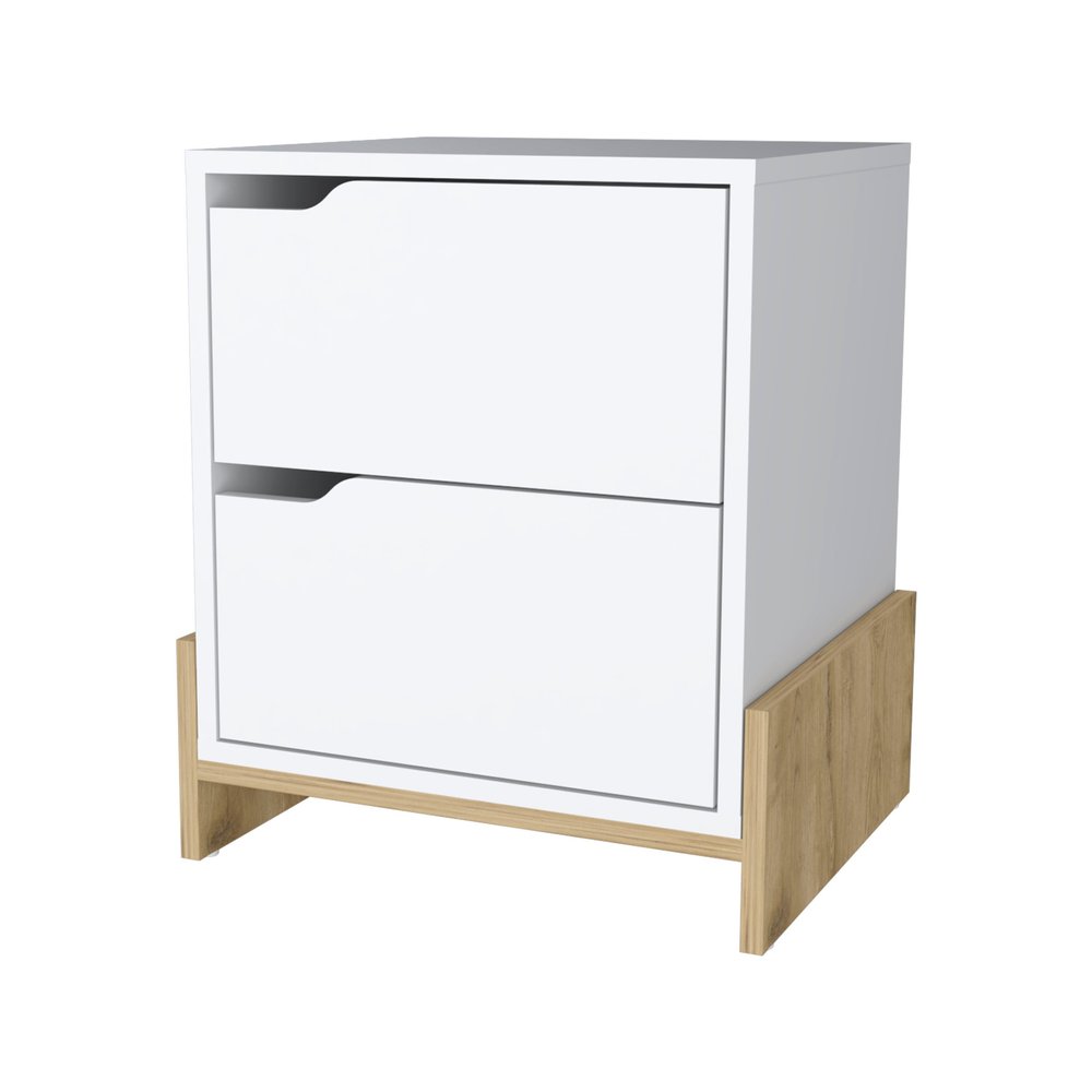 White and Natural Wood Two Drawer Nightstand - 20-inch