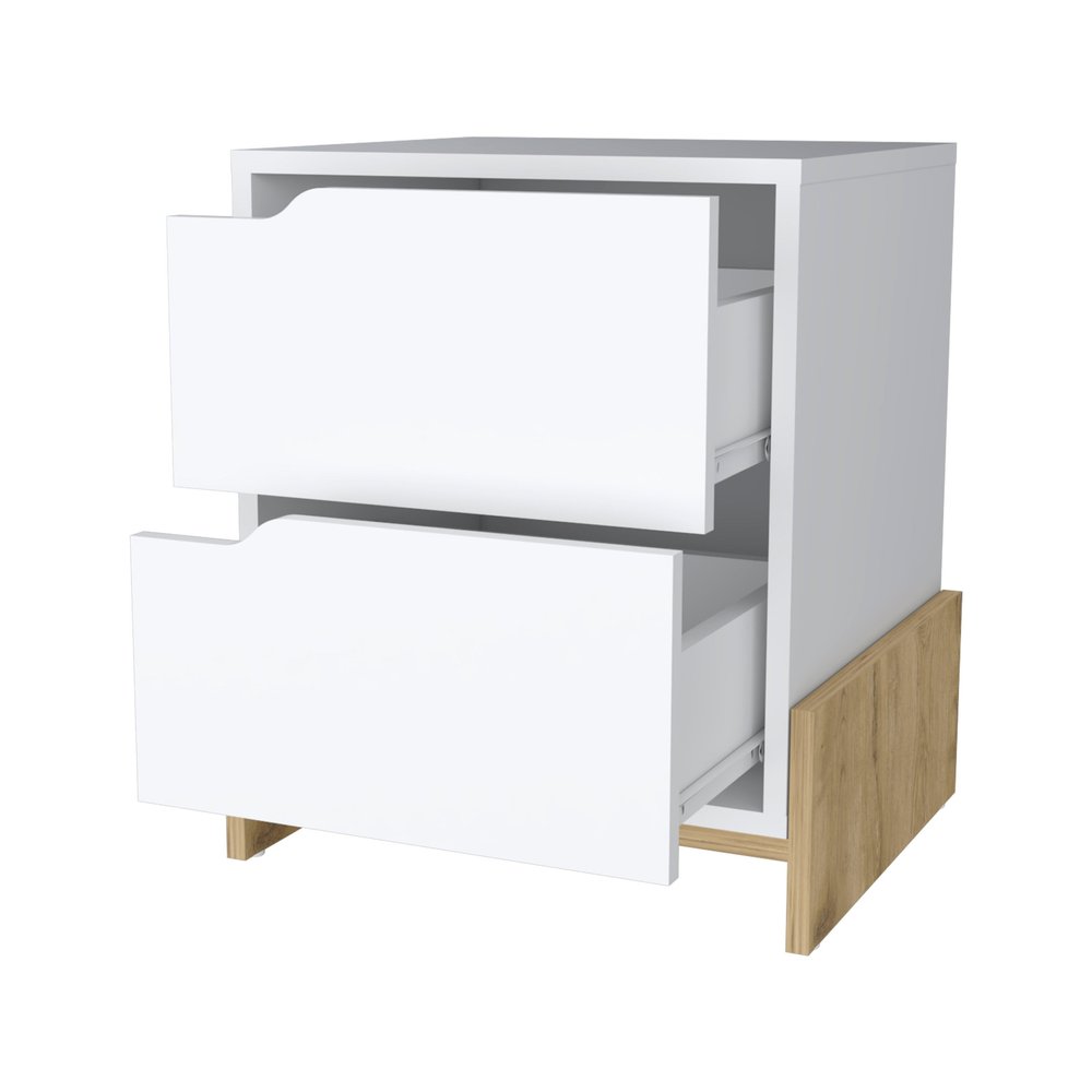 White and Natural Wood Two Drawer Nightstand - 20-inch