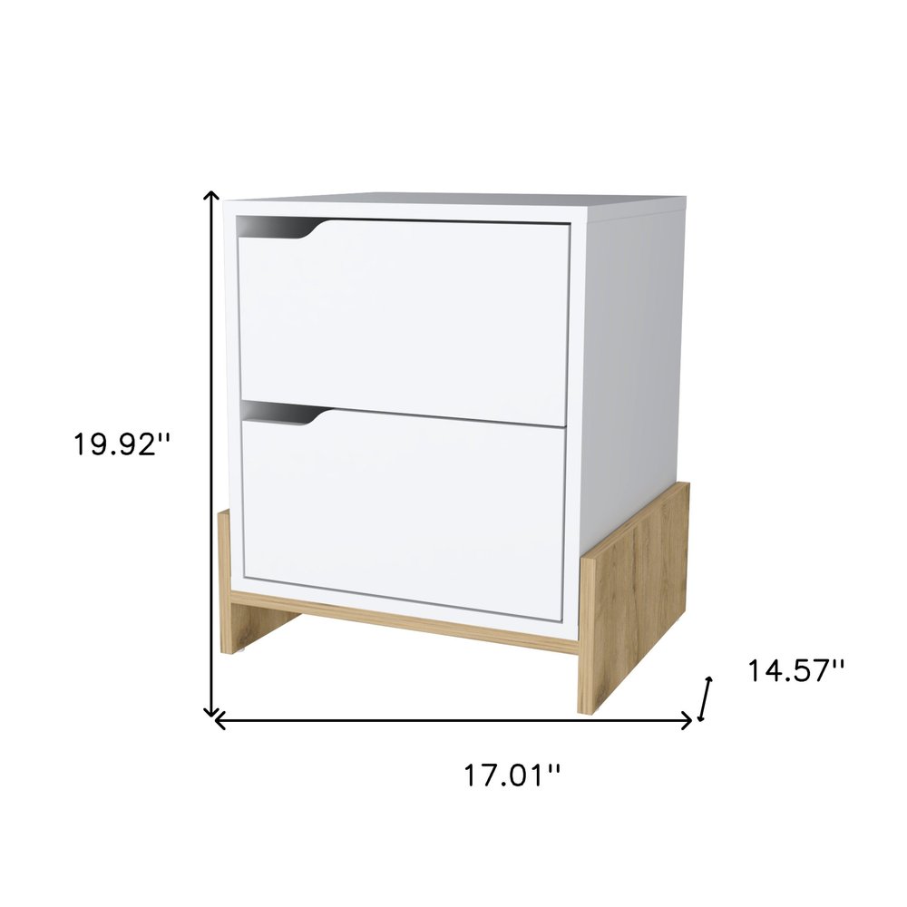 White and Natural Wood Two Drawer Nightstand - 20-inch