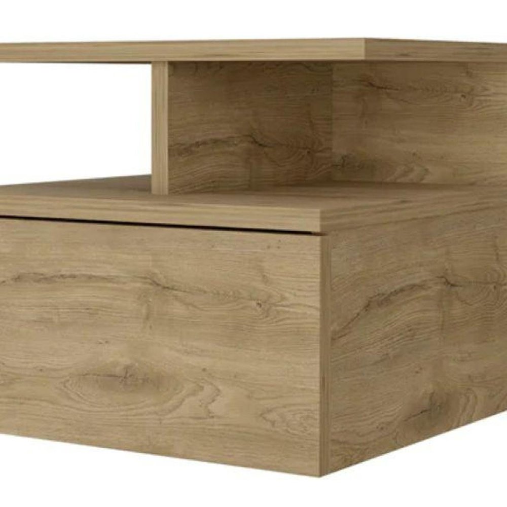 Beige Wood One Drawer Floating Nightstand - 14-inch