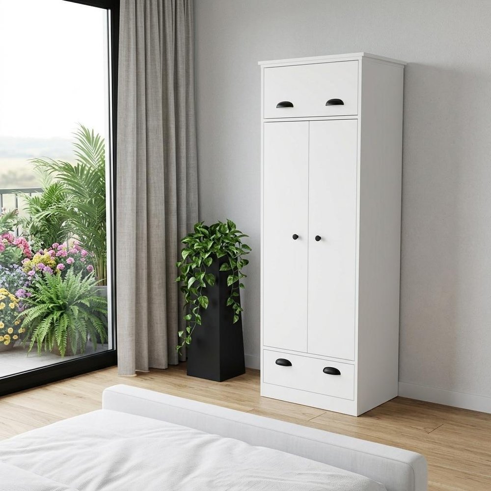 White Wood Three Door Single Drawer Combo Dresser - 70-inch