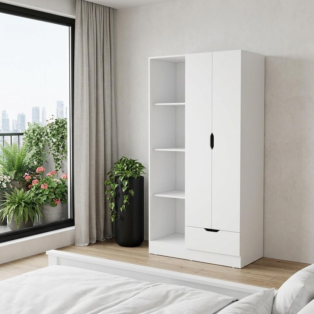 White Wood Two Door Single Drawer Combo Dresser - 71-inch