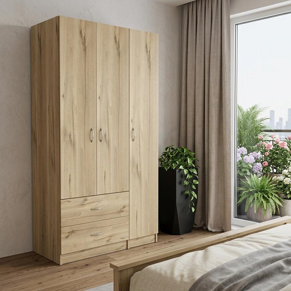 Oak Wood Three Door Two Drawer Combo Dresser - 71-inch