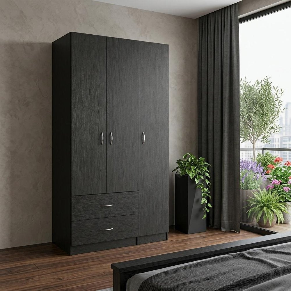 Black Wood Three Door Two Drawer Combo Dresser - 71-inch