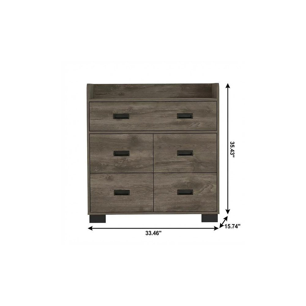 Dark Brown Wood Five Drawer Double Dresser - 33-inch