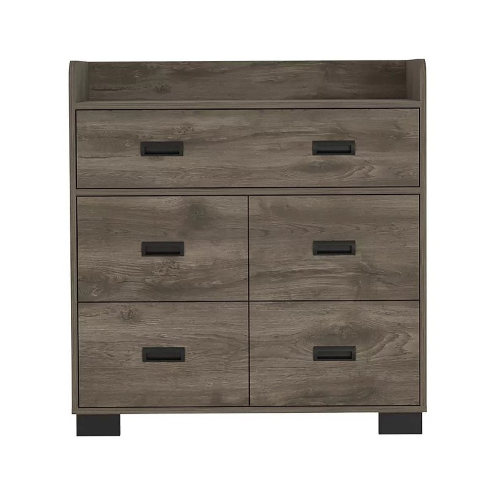 Dark Brown Wood Five Drawer Double Dresser - 33-inch
