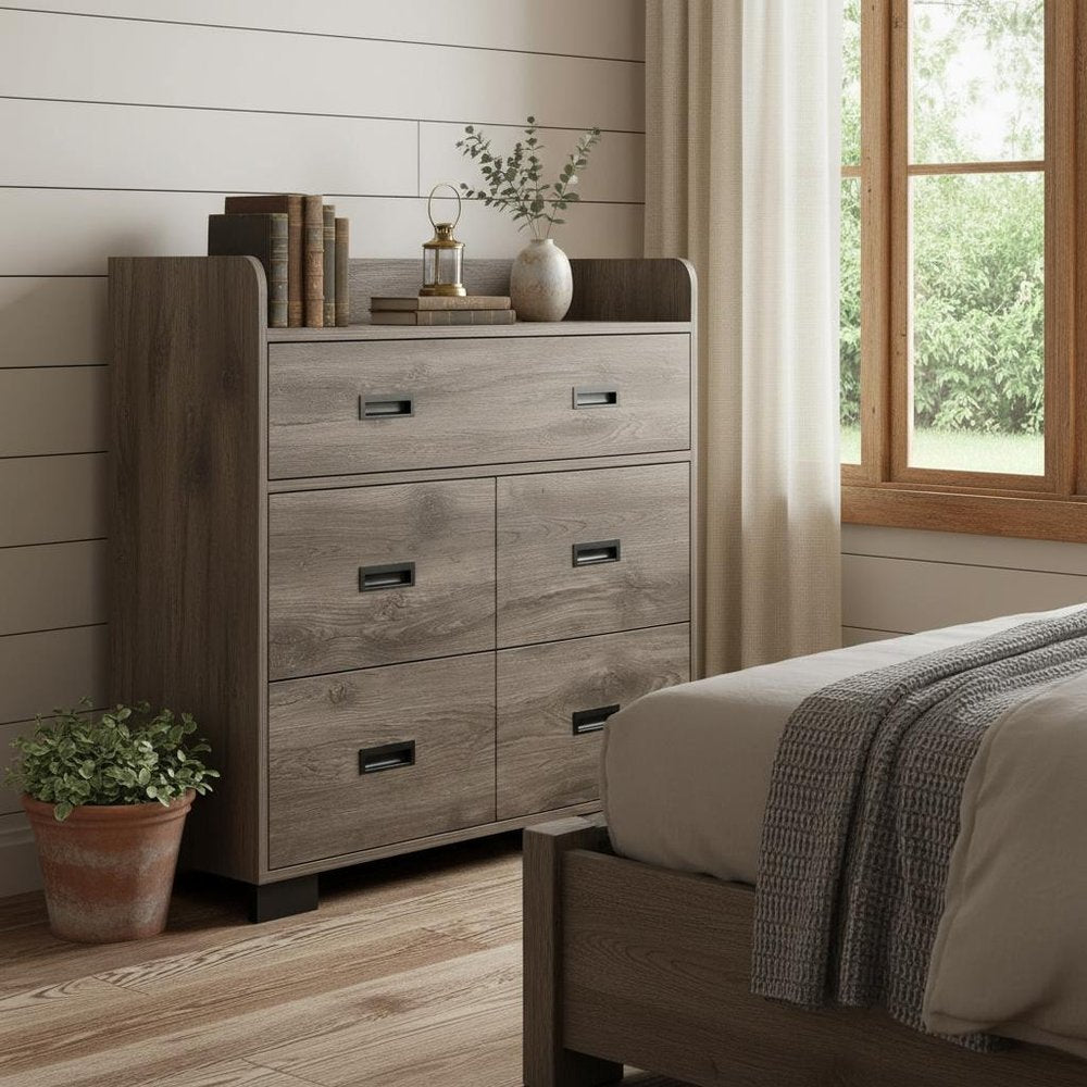 Dark Brown Wood Five Drawer Double Dresser - 33-inch