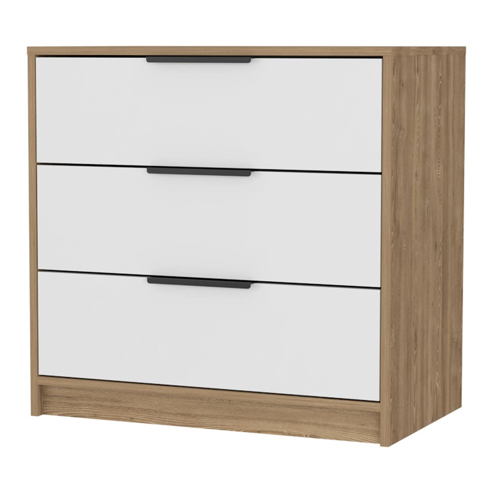 Oak and White Wood Three Drawer Dresser - 28-inch