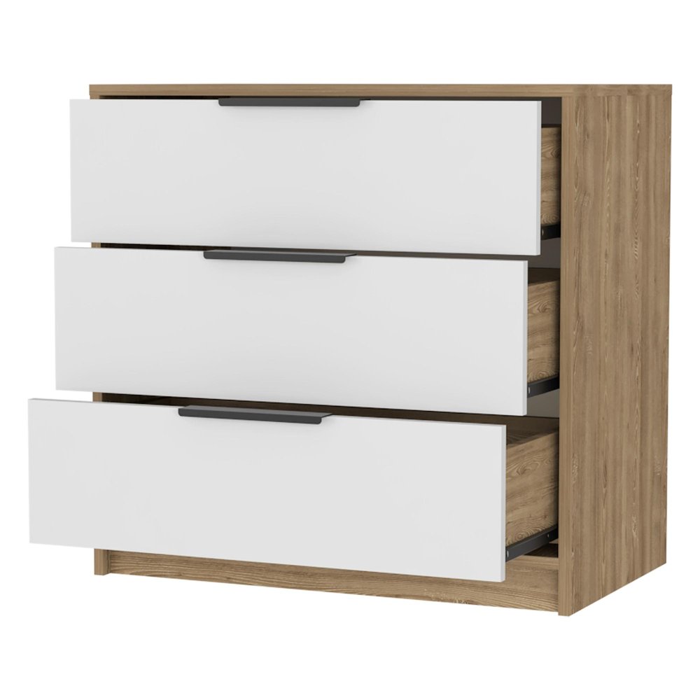 Oak and White Wood Three Drawer Dresser - 28-inch