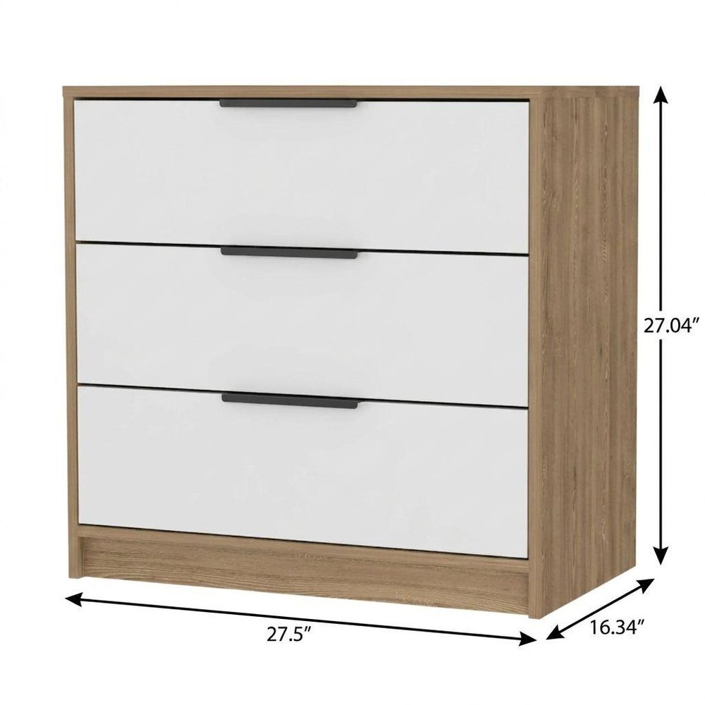 Oak and White Wood Three Drawer Dresser - 28-inch