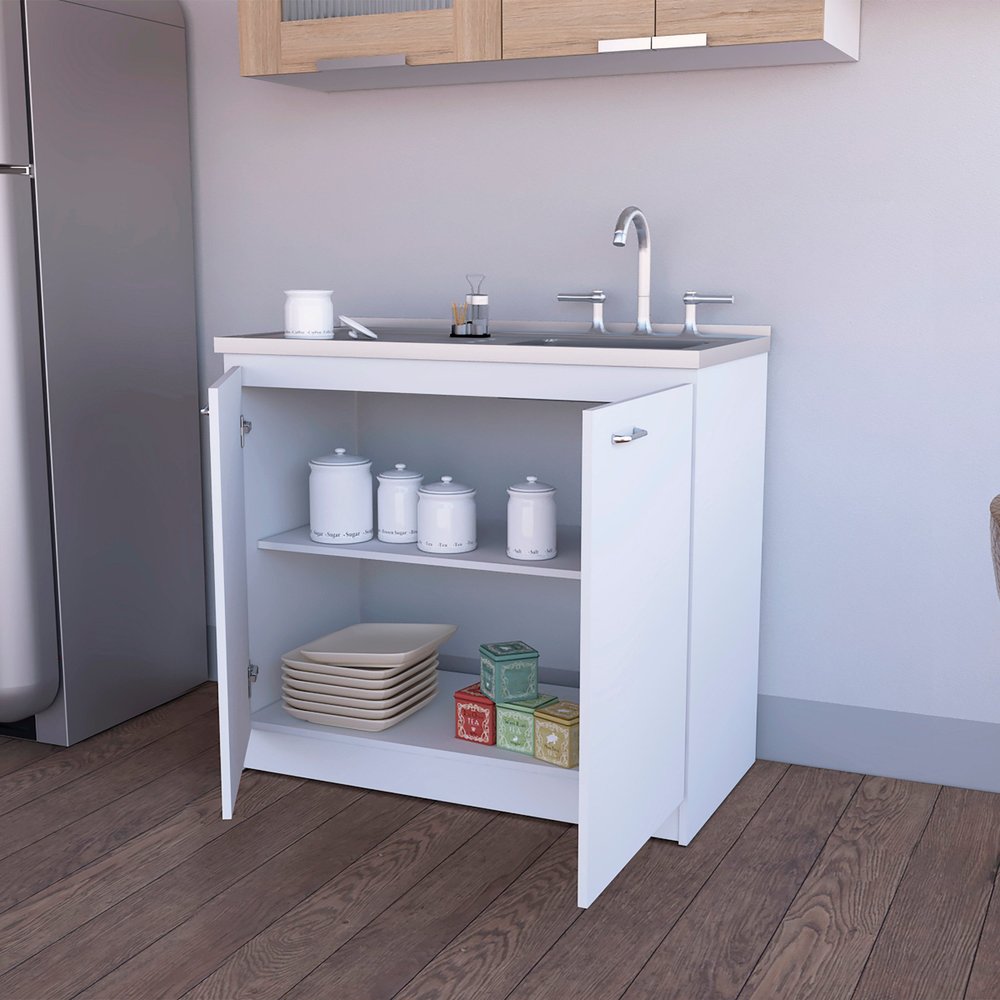 White Stainless Steel Accent Cabinet with Two Shelves - 39-inch