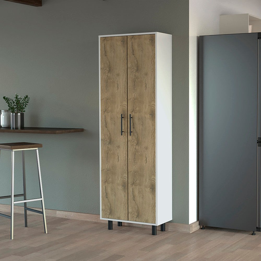 White and Light Brown Wood Accent Cabinet with Two Doors - 71-inch