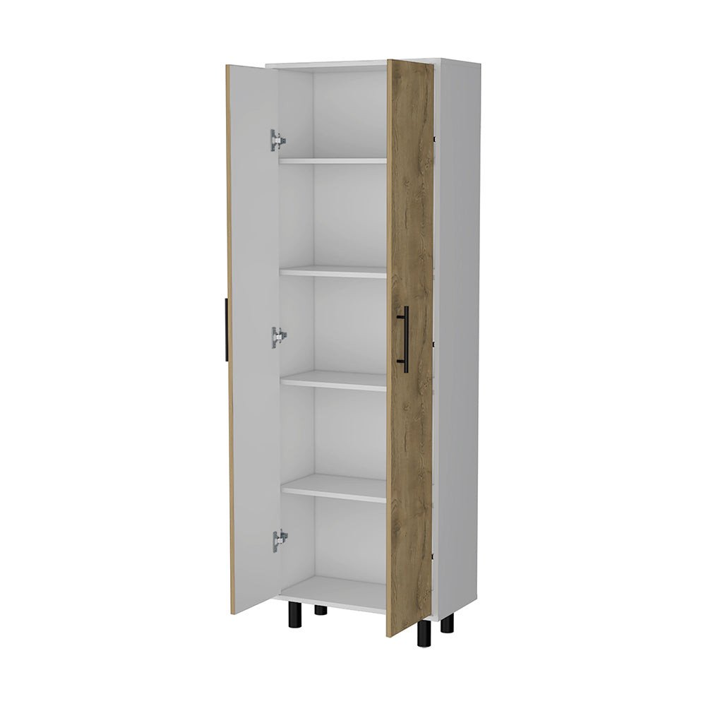 White and Light Brown Wood Accent Cabinet with Two Doors - 71-inch