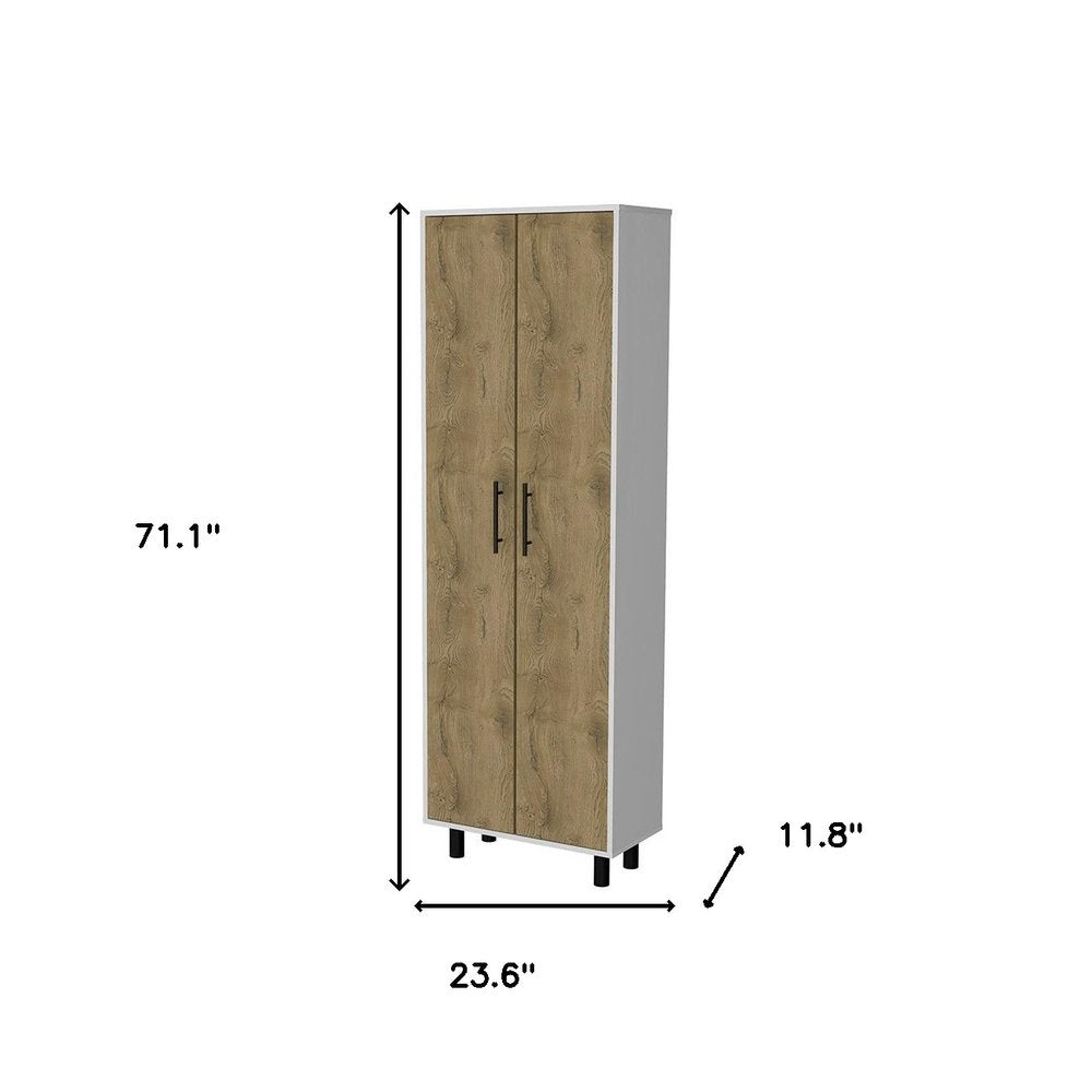 White and Light Brown Wood Accent Cabinet with Two Doors - 71-inch