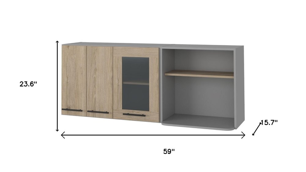 Gray and Natural Wood Wall Mounted Accent Cabinet with Three Doors - 24-inch