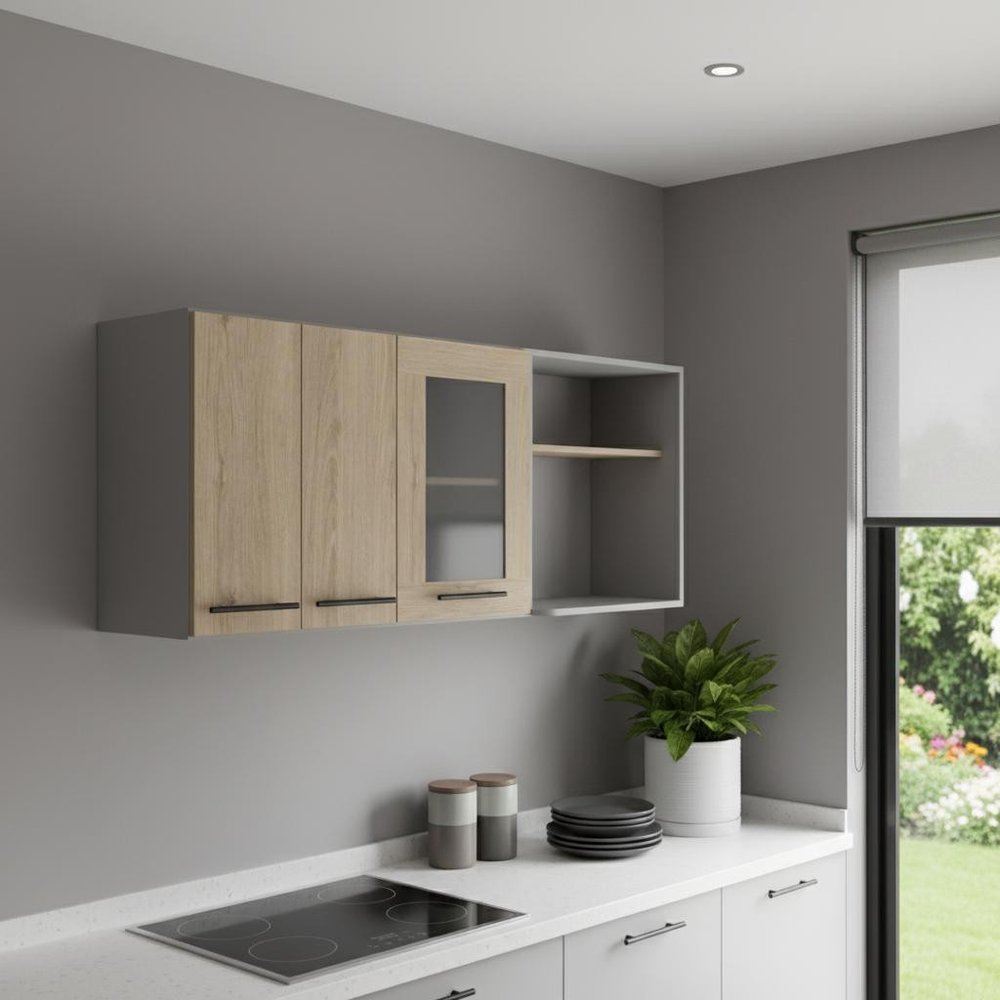 Gray and Natural Wood Wall Mounted Accent Cabinet with Three Doors - 24-inch