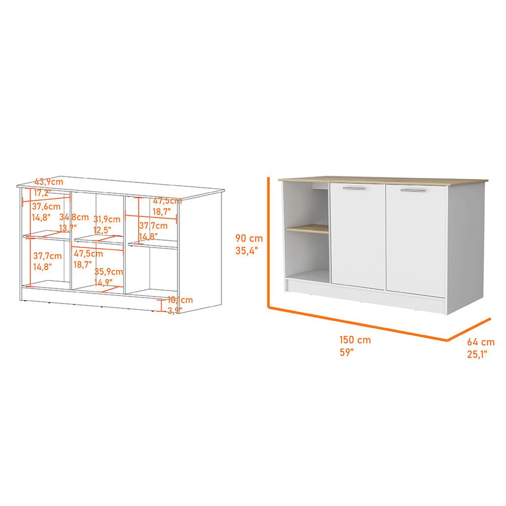White and Oak 59 Kitchen Island with Storage