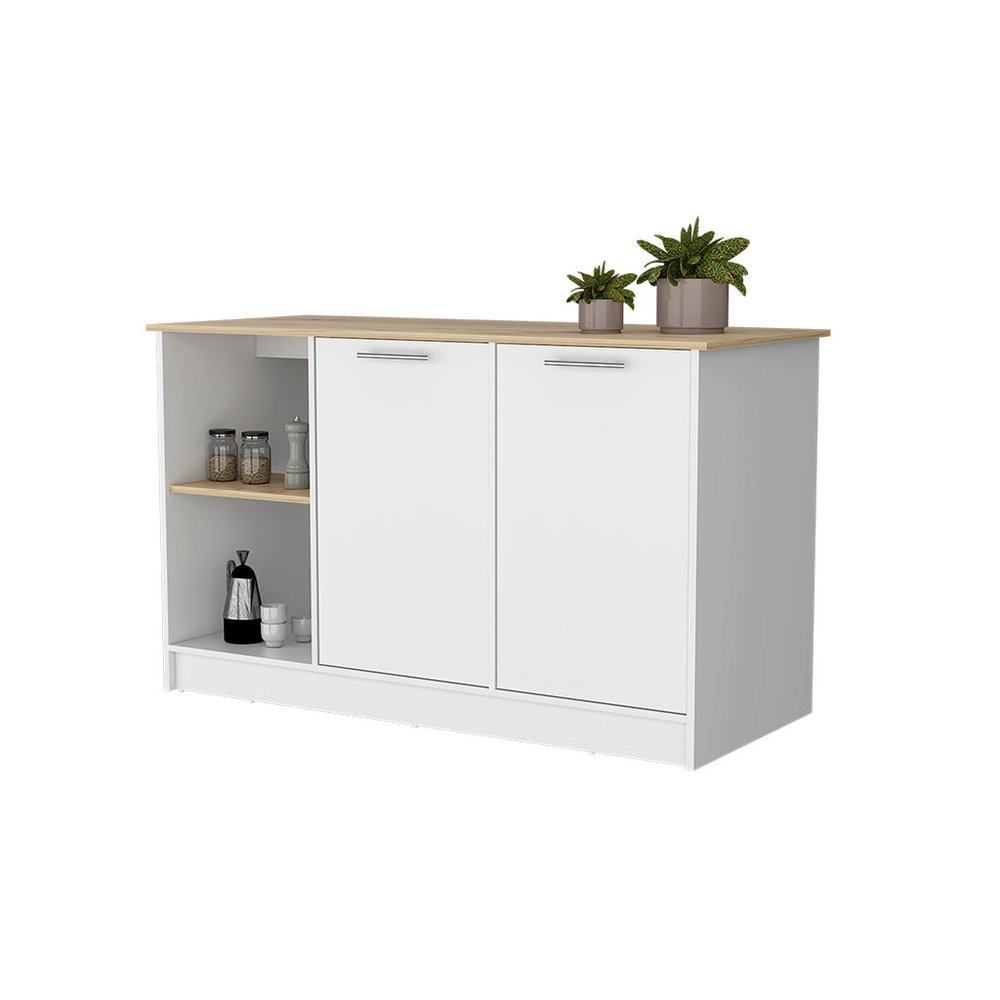 White and Oak 59 Kitchen Island with Storage
