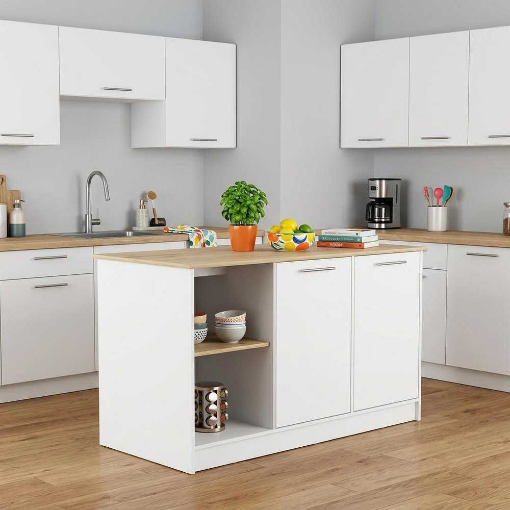 White and Oak 59 Kitchen Island with Storage