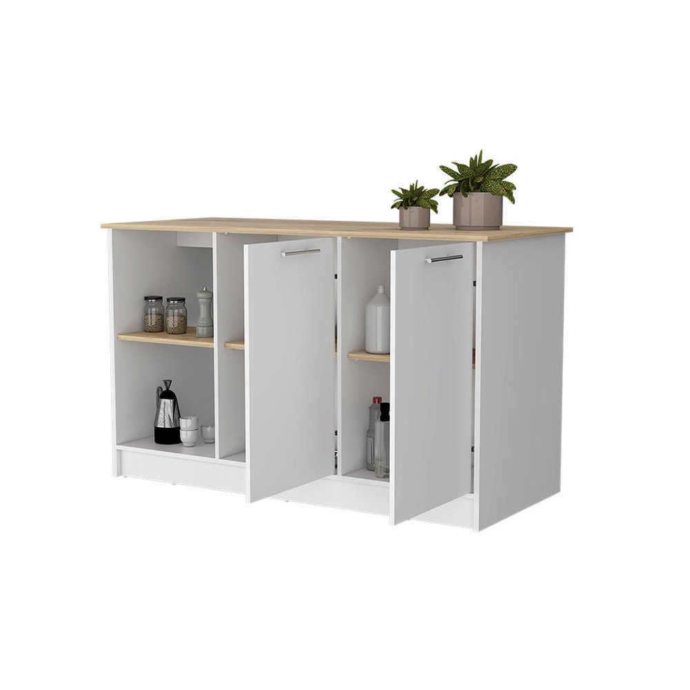 White and Oak 59 Kitchen Island with Storage