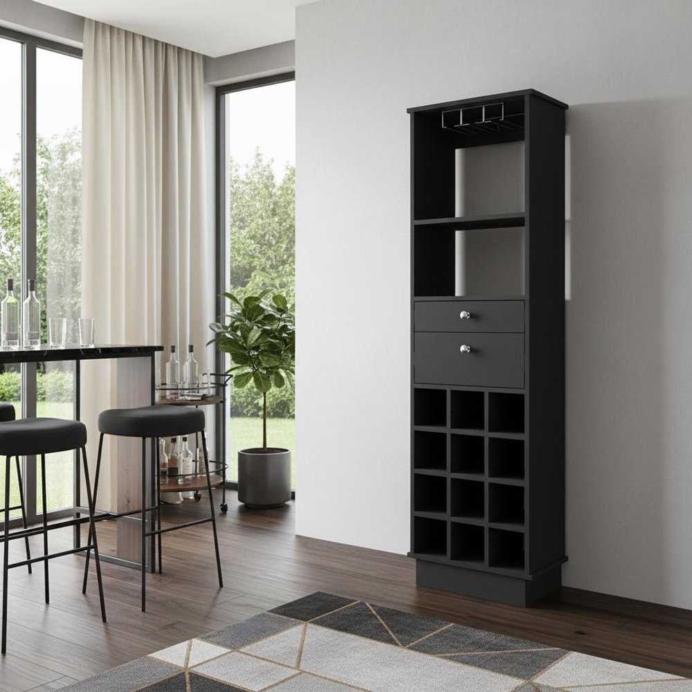 Black Wood Bar Cabinet with Two Drawers - 63-inch