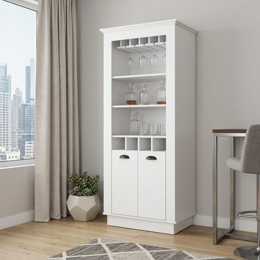 White Bar Cabinet with Wine Storage - 70-inch
