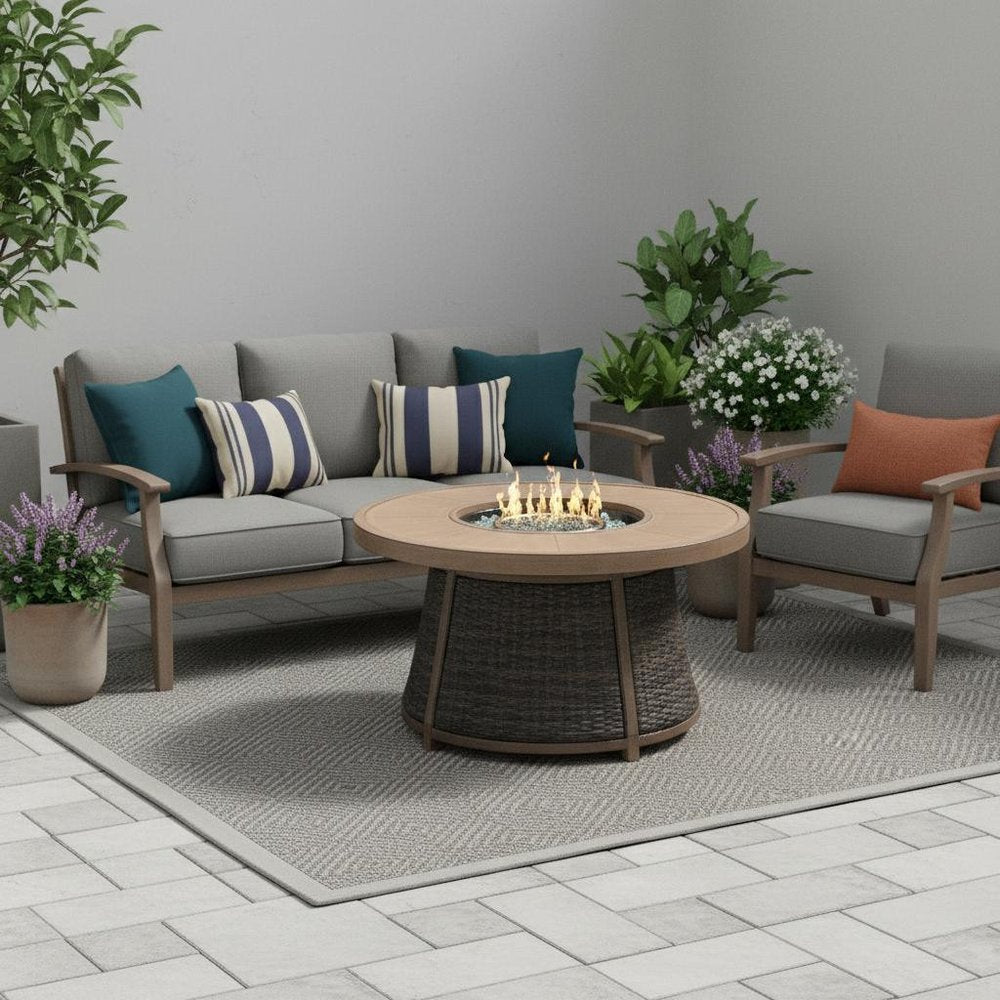 50000 Btu 42 Brown Aluminum and Rattan Propane Round Fire Pit Table with Cover