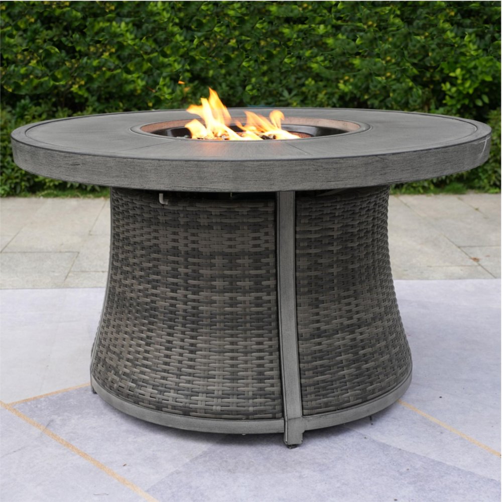 50000 Btu 42 Gray Aluminum and Rattan Propane Round Fire Pit Table with Cover