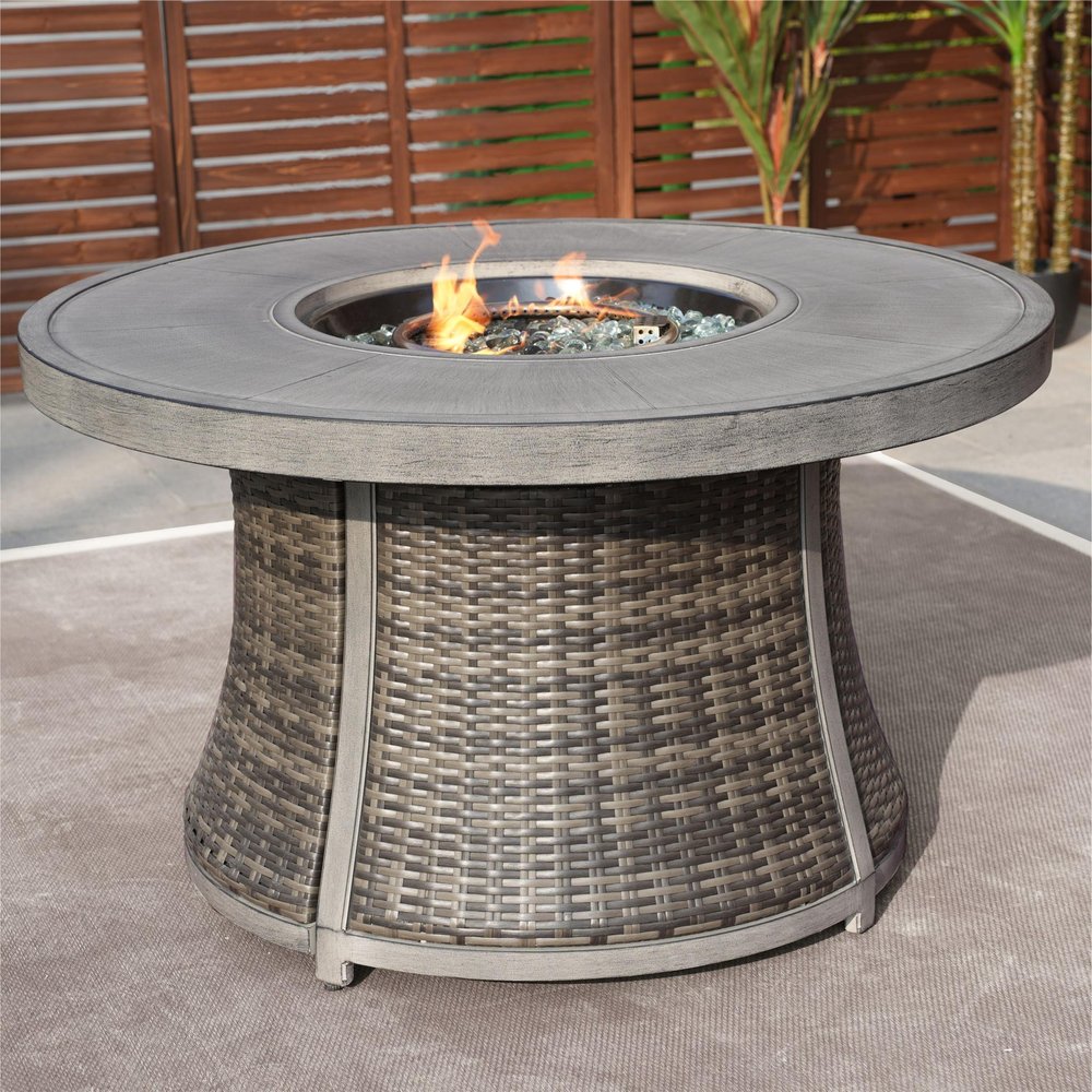 50000 Btu 42 Gray Aluminum and Rattan Propane Round Fire Pit Table with Cover