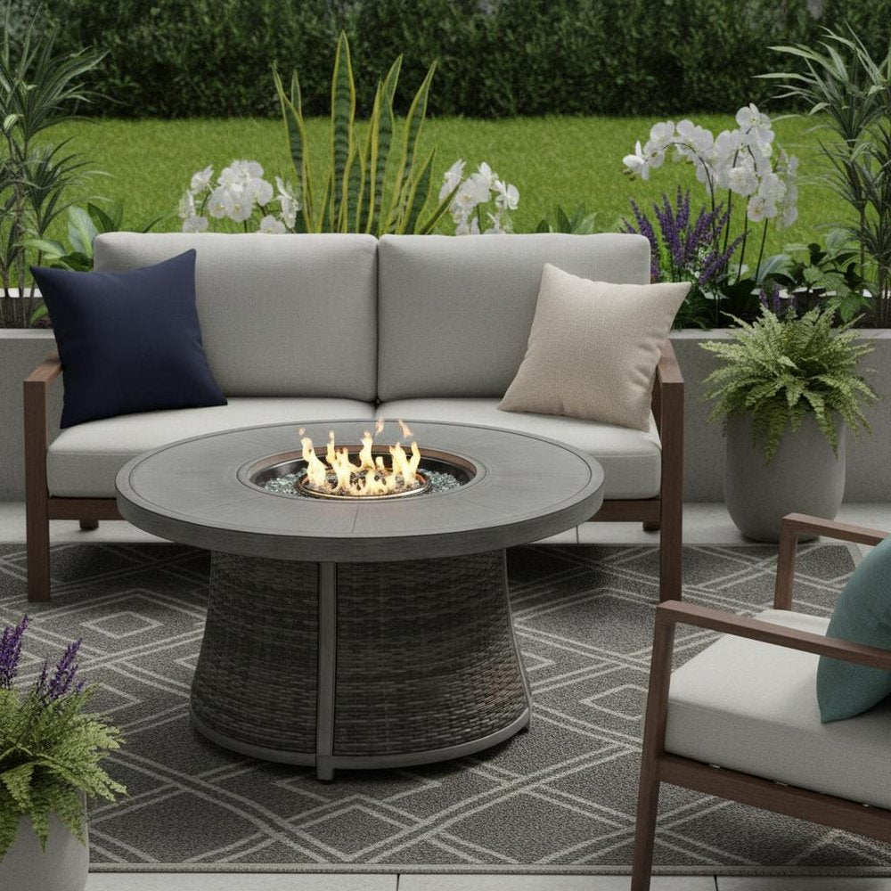 50000 Btu 42 Gray Aluminum and Rattan Propane Round Fire Pit Table with Cover