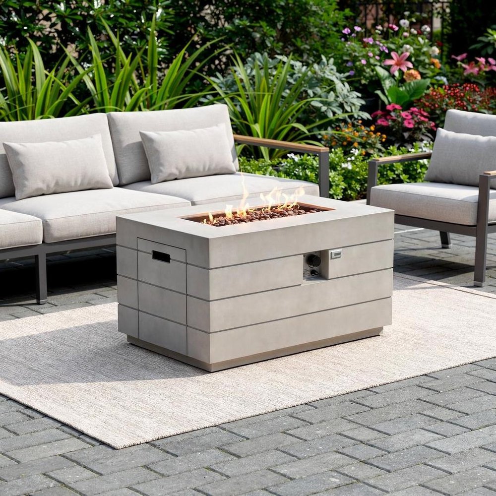 Gray Aluminum Natural Gas Rectangular Fire Pit Table with Cover - 28-inch