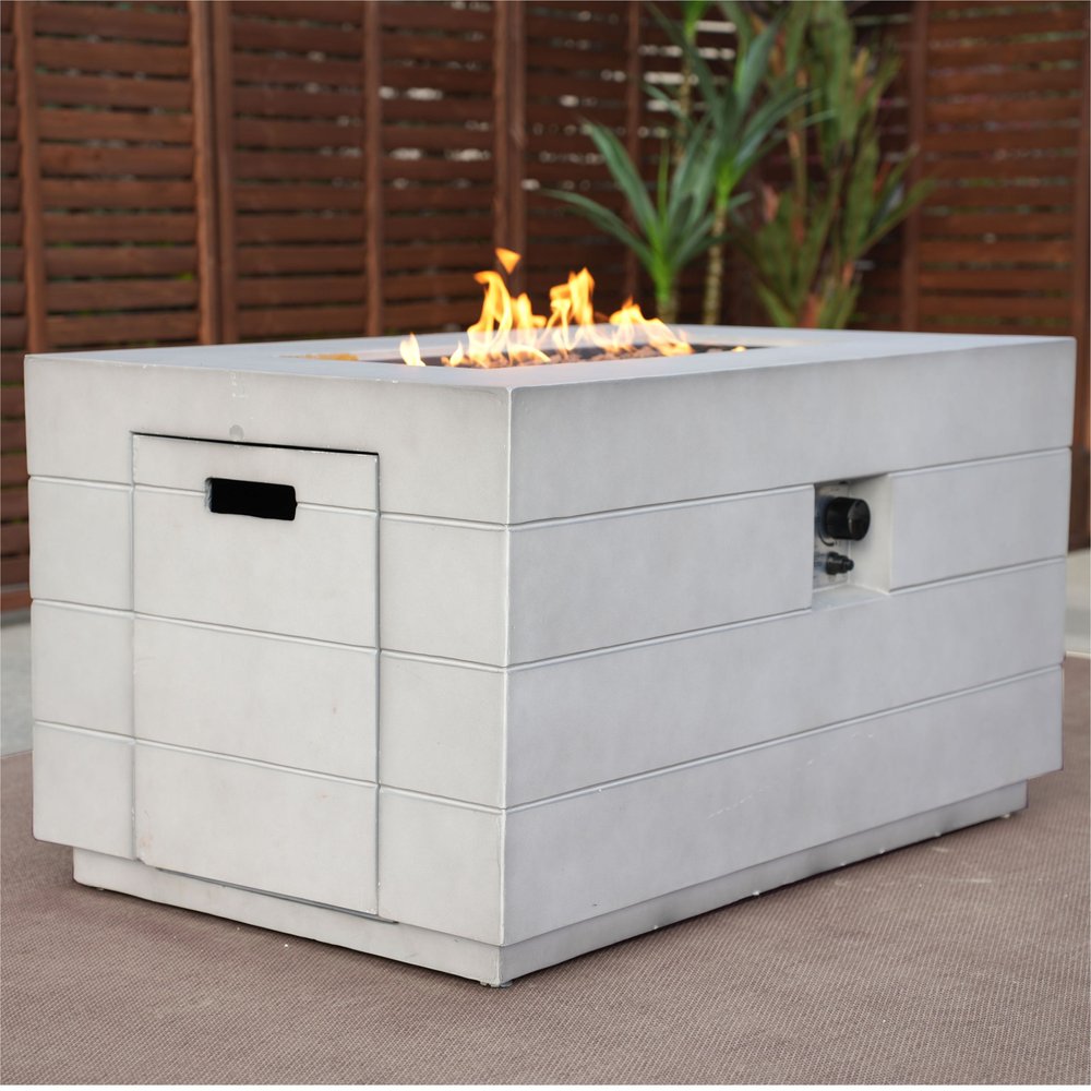 Gray Aluminum Natural Gas Rectangular Fire Pit Table with Cover - 28-inch