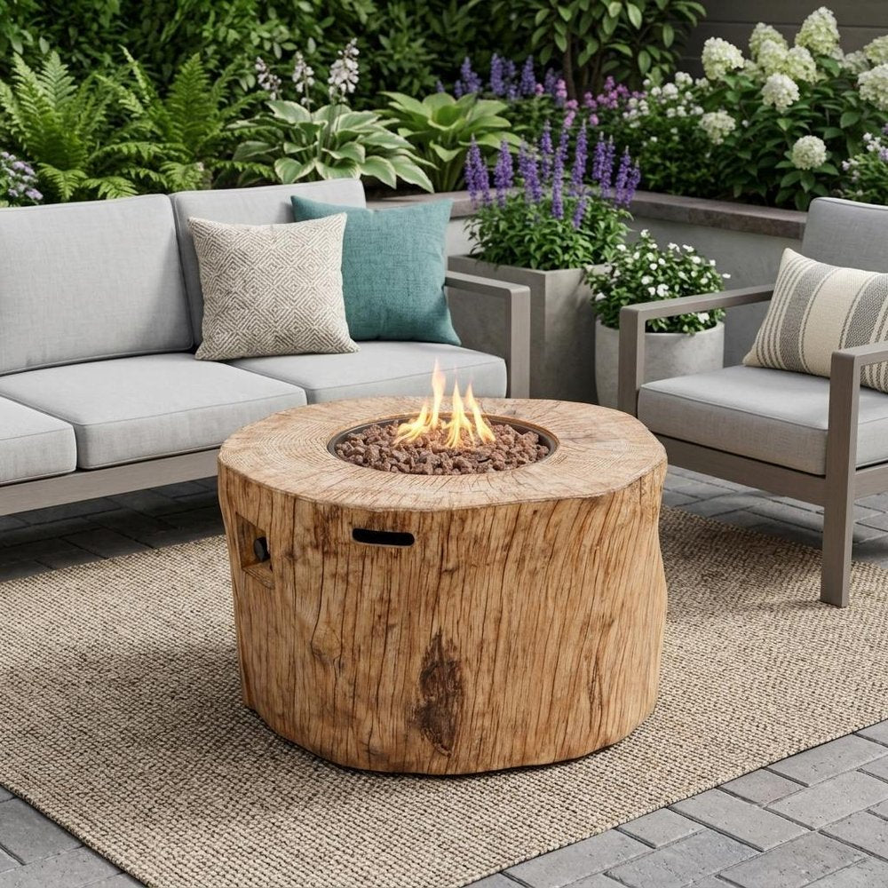 Brown Faux Wood Stump Propane Round Fire Pit with Cover - 37-inch