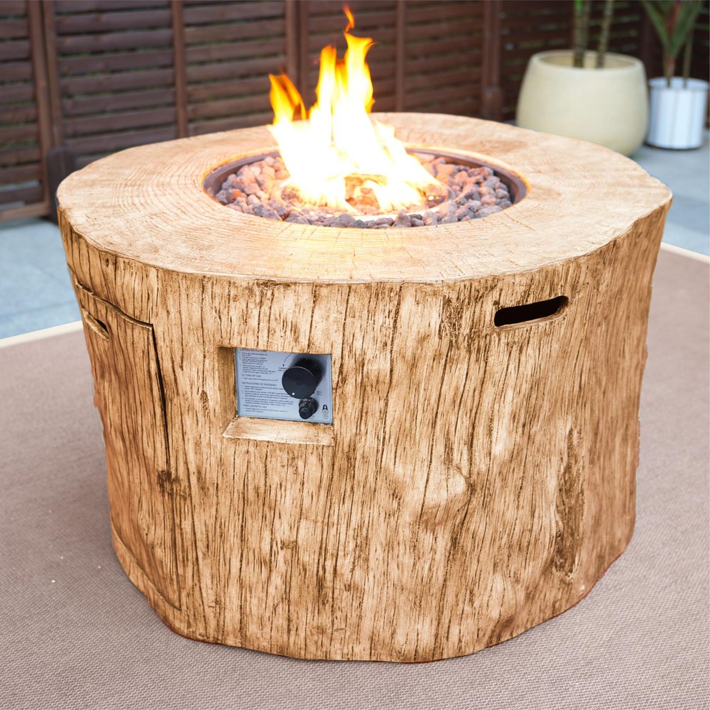 Brown Faux Wood Stump Propane Round Fire Pit with Cover - 37-inch
