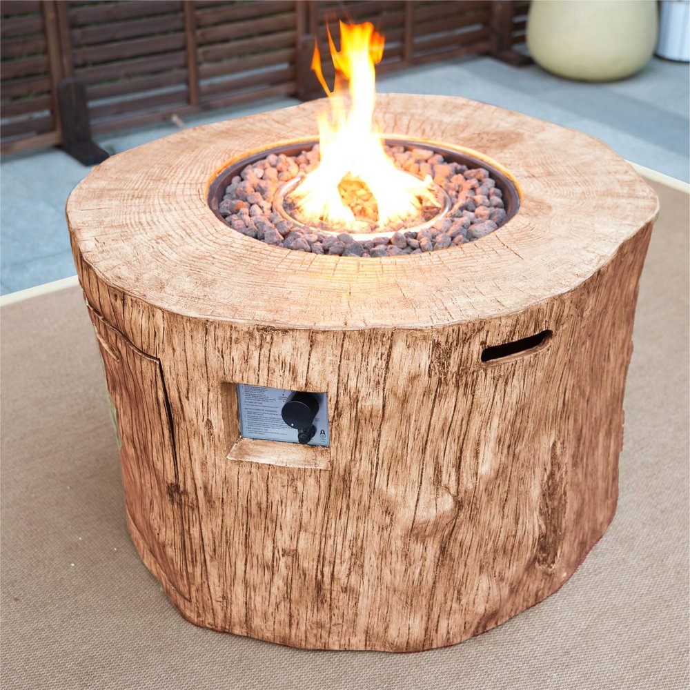 Brown Faux Wood Stump Propane Round Fire Pit with Cover - 37-inch
