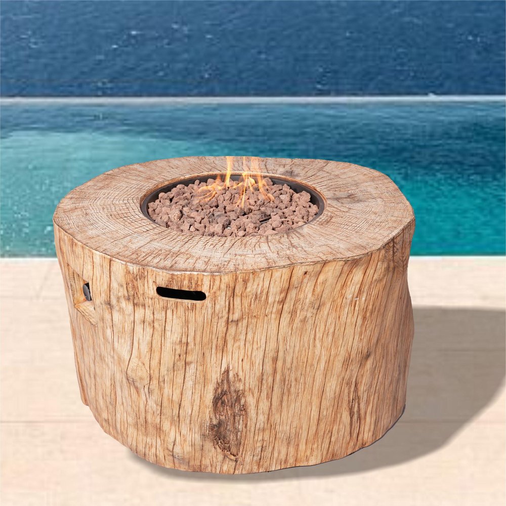 Brown Faux Wood Stump Propane Round Fire Pit with Cover - 37-inch