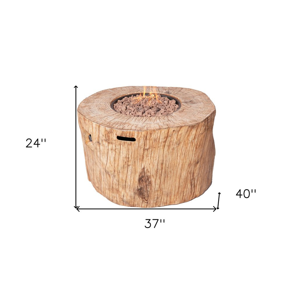 Brown Faux Wood Stump Propane Round Fire Pit with Cover - 37-inch