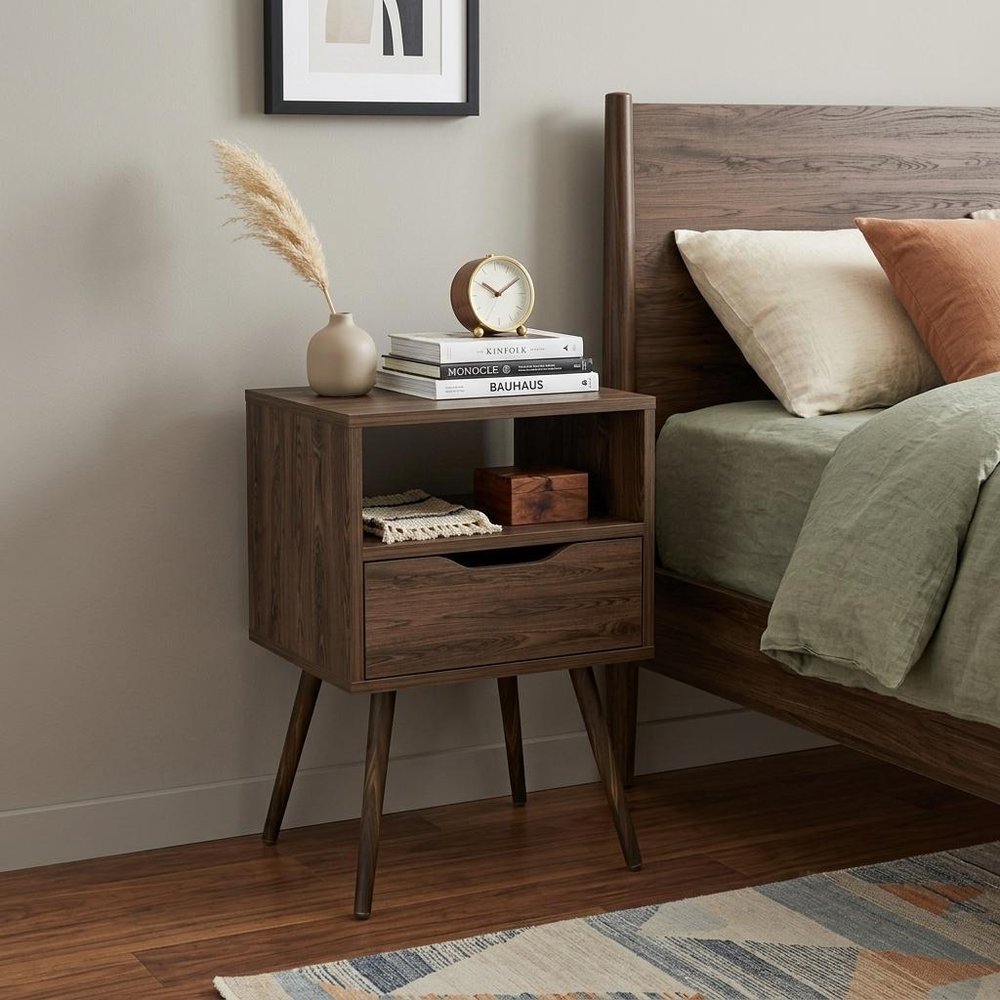 Brown Wood One Drawer Nightstand - 25-inch