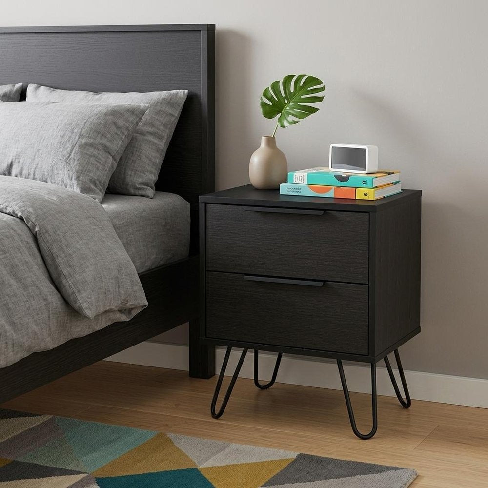 Black Wood Two Drawer Nightstand - 22-inch