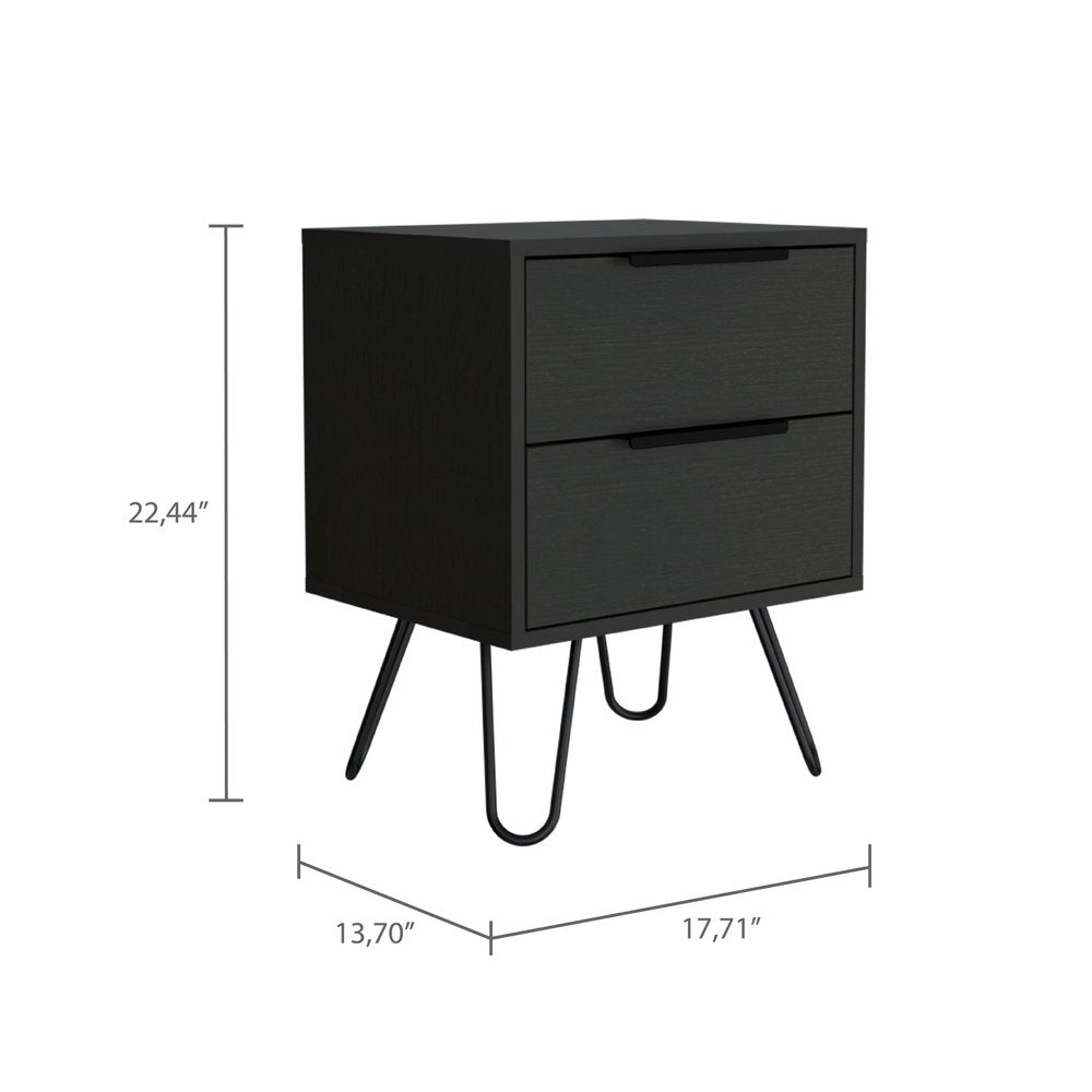 Black Wood Two Drawer Nightstand - 22-inch