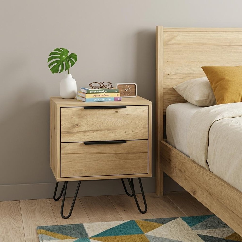 Oak Wood Two Drawer Nightstand - 22-inch
