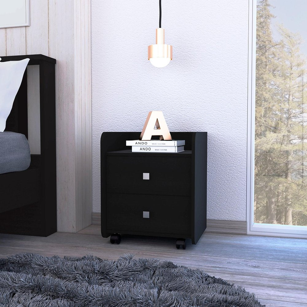 Black Wood Two Drawer Nightstand - 22-inch