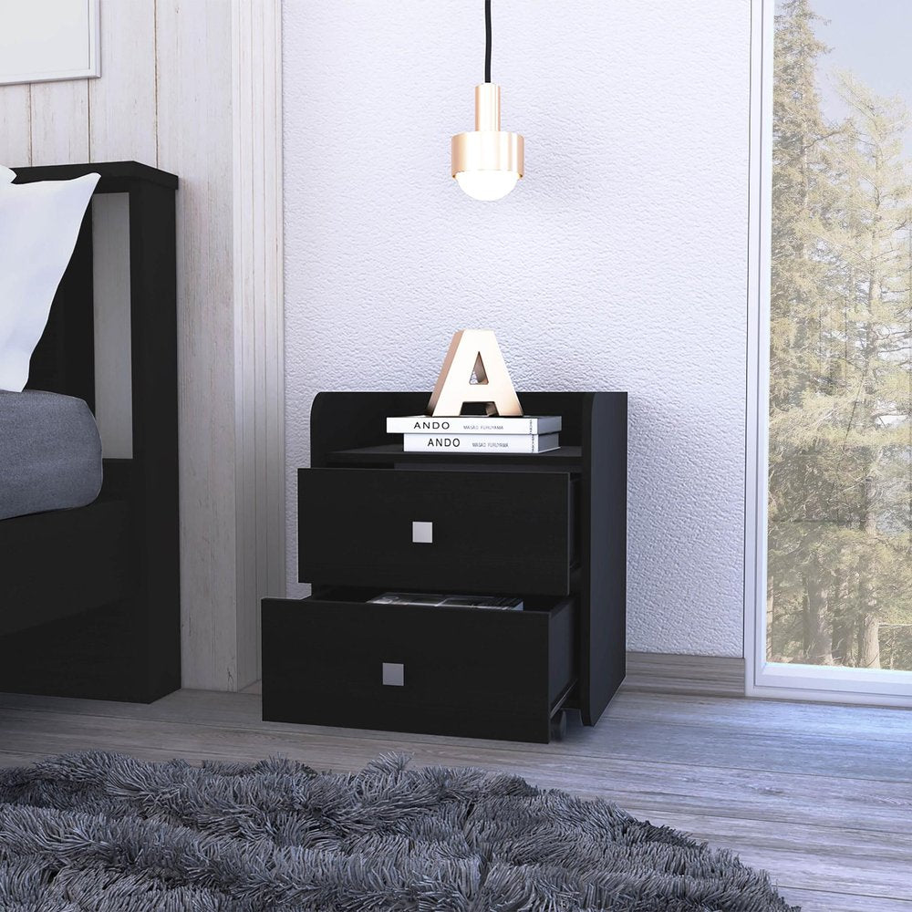 Black Wood Two Drawer Nightstand - 22-inch