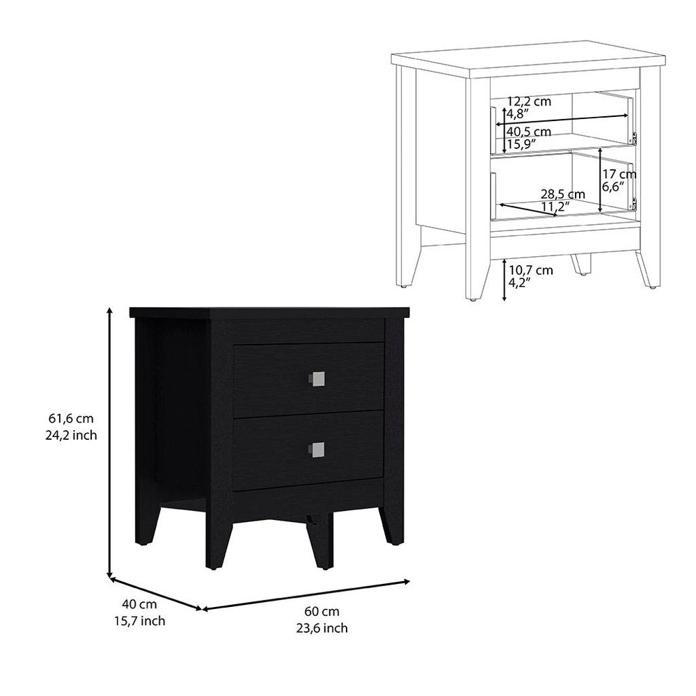 Black Wood Two Drawer Nightstand - 24-inch