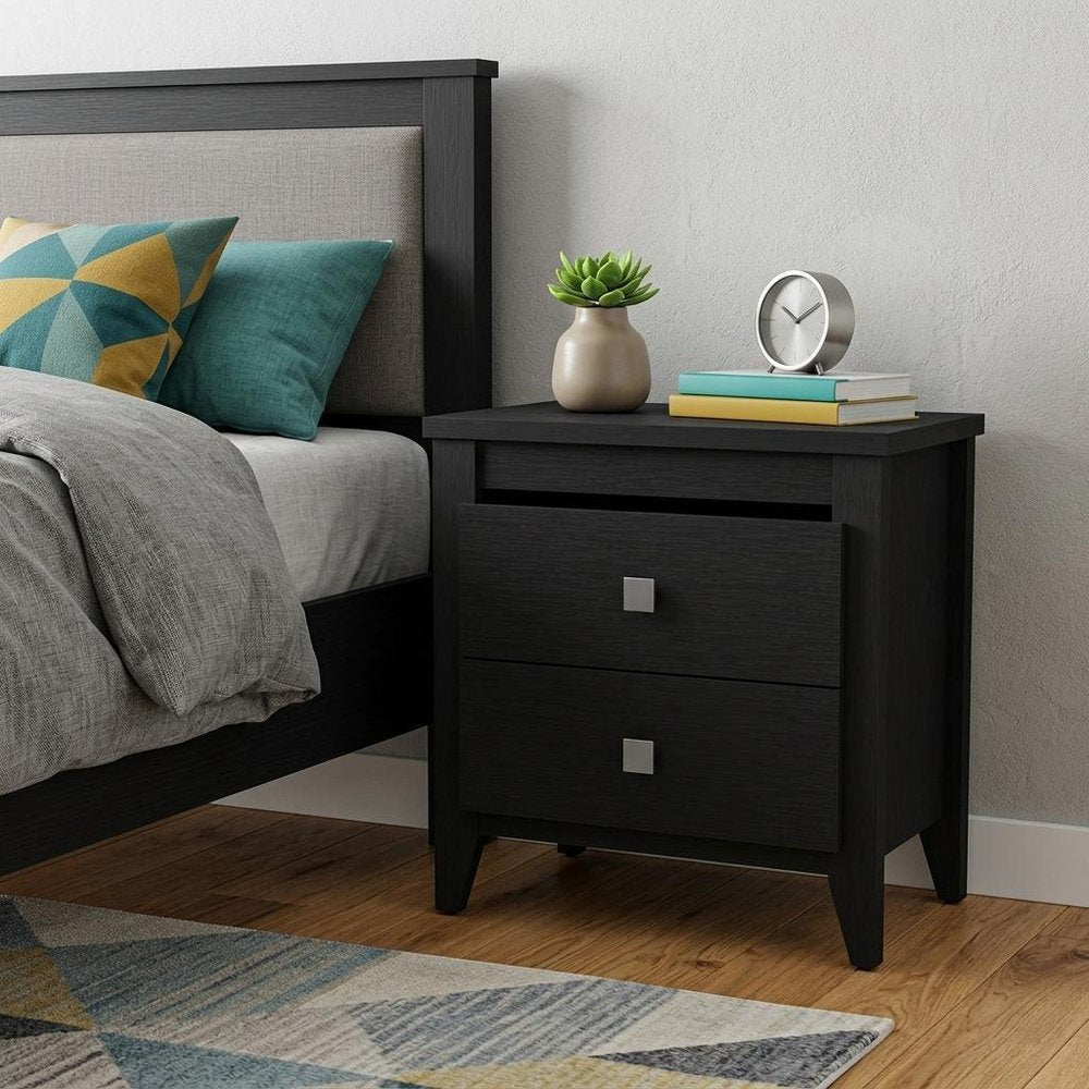Black Wood Two Drawer Nightstand - 24-inch
