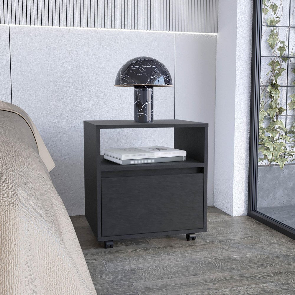 Black Wood One Drawer Nightstand - 21-inch