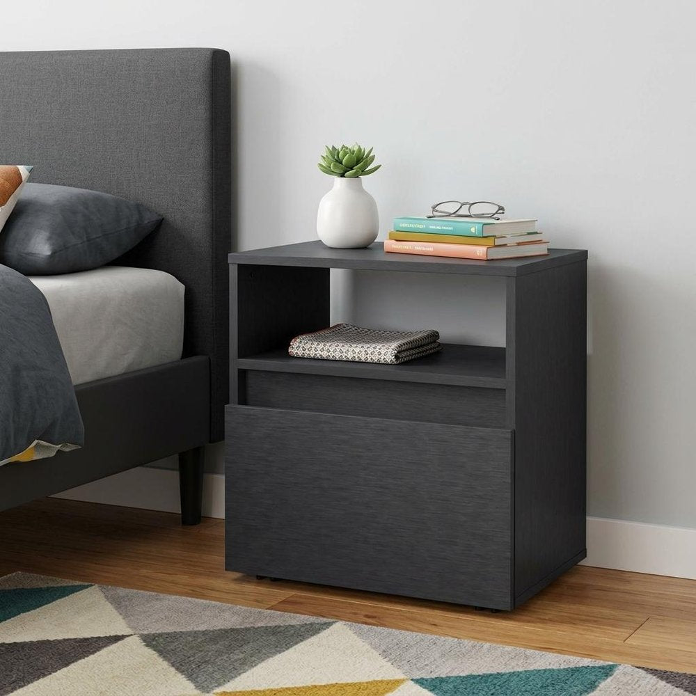 Black Wood One Drawer Nightstand - 21-inch