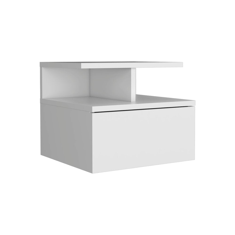 White Wood One Drawer Floating Nightstand - 12-inch