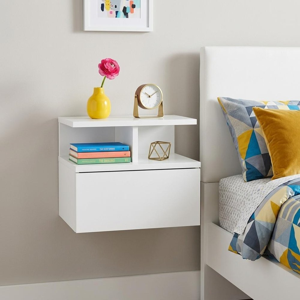 White Wood One Drawer Floating Nightstand - 12-inch