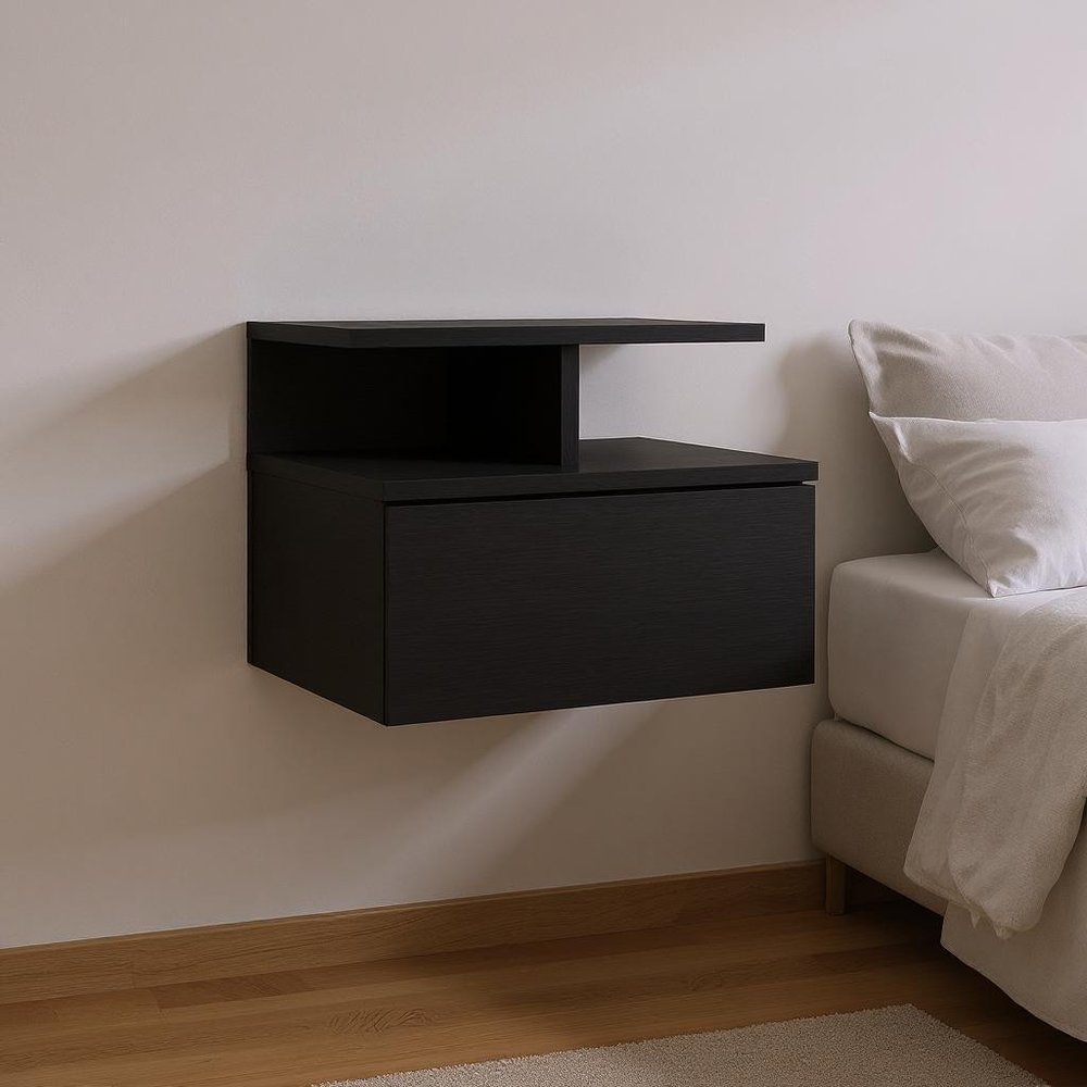 Black Wood One Drawer Floating Nightstand - 12-inch